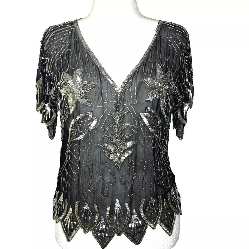 Swee Lo Vtg Silk Evening‎ Blouse M Sheer Black & Silver Beads Sequins Disco Glam